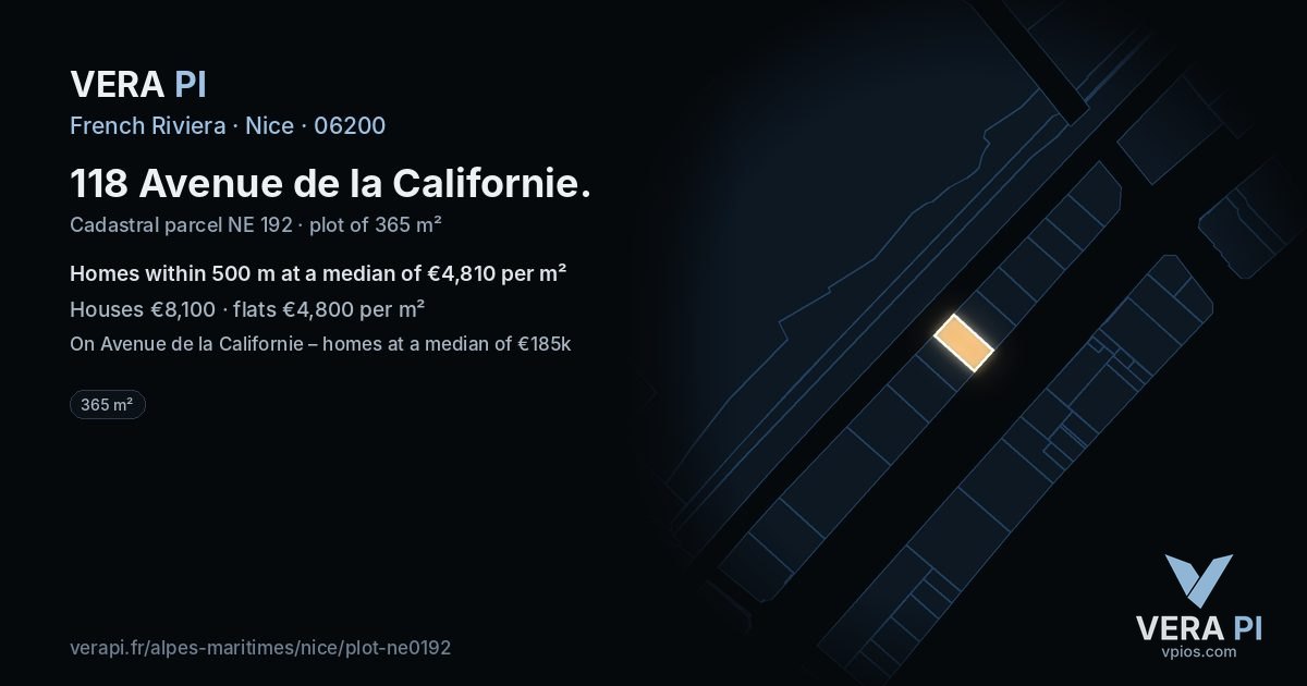 118 Avenue de la Californie, Nice at night – the plot lit, the parcels around coloured by the prices near them