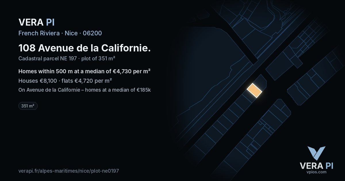 108 Avenue de la Californie, Nice at night – the plot lit, the parcels around coloured by the prices near them