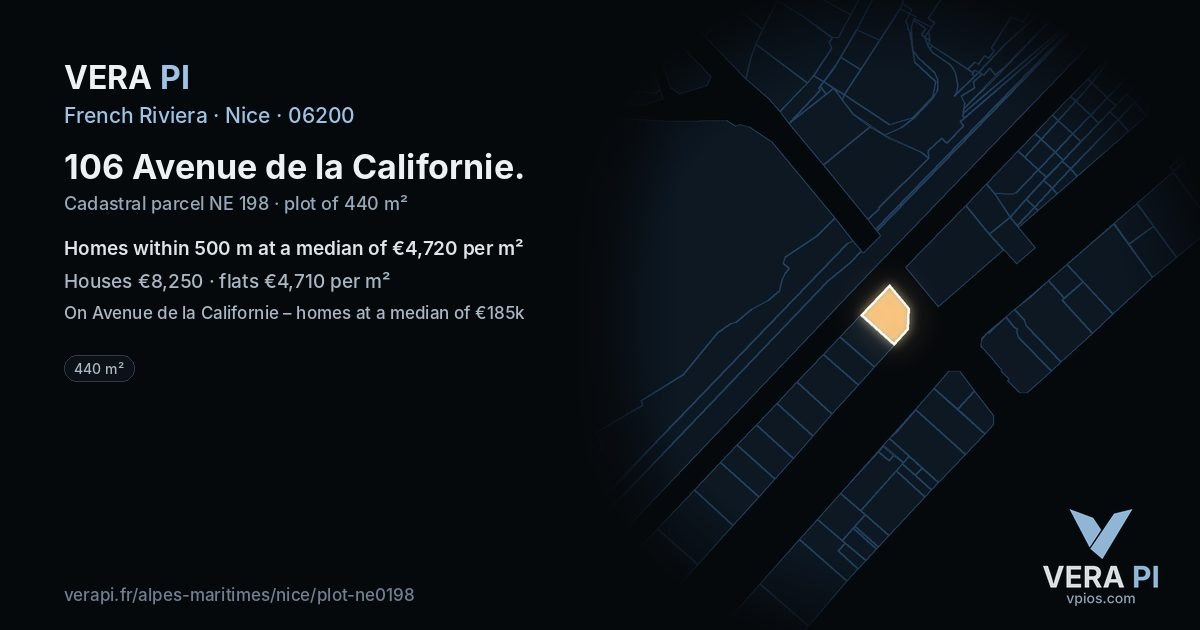 106 Avenue de la Californie, Nice at night – the plot lit, the parcels around coloured by the prices near them