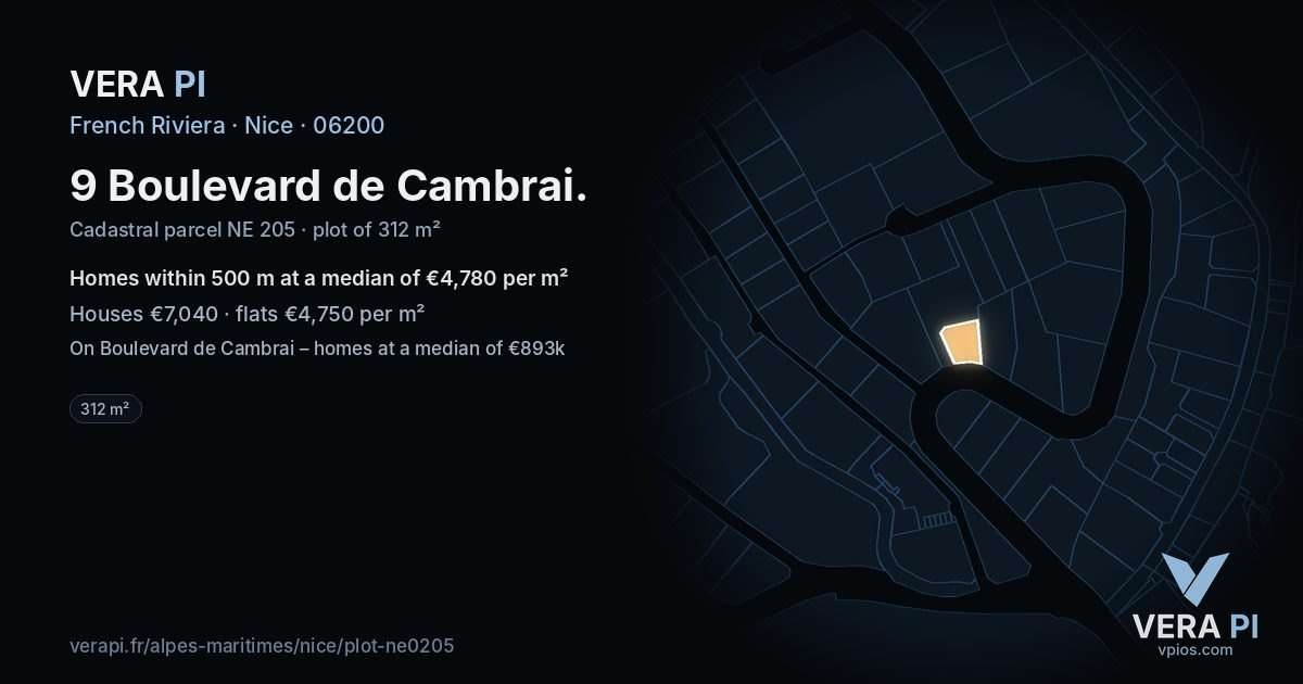 9 Boulevard de Cambrai, Nice at night – the plot lit, the parcels around coloured by the prices near them