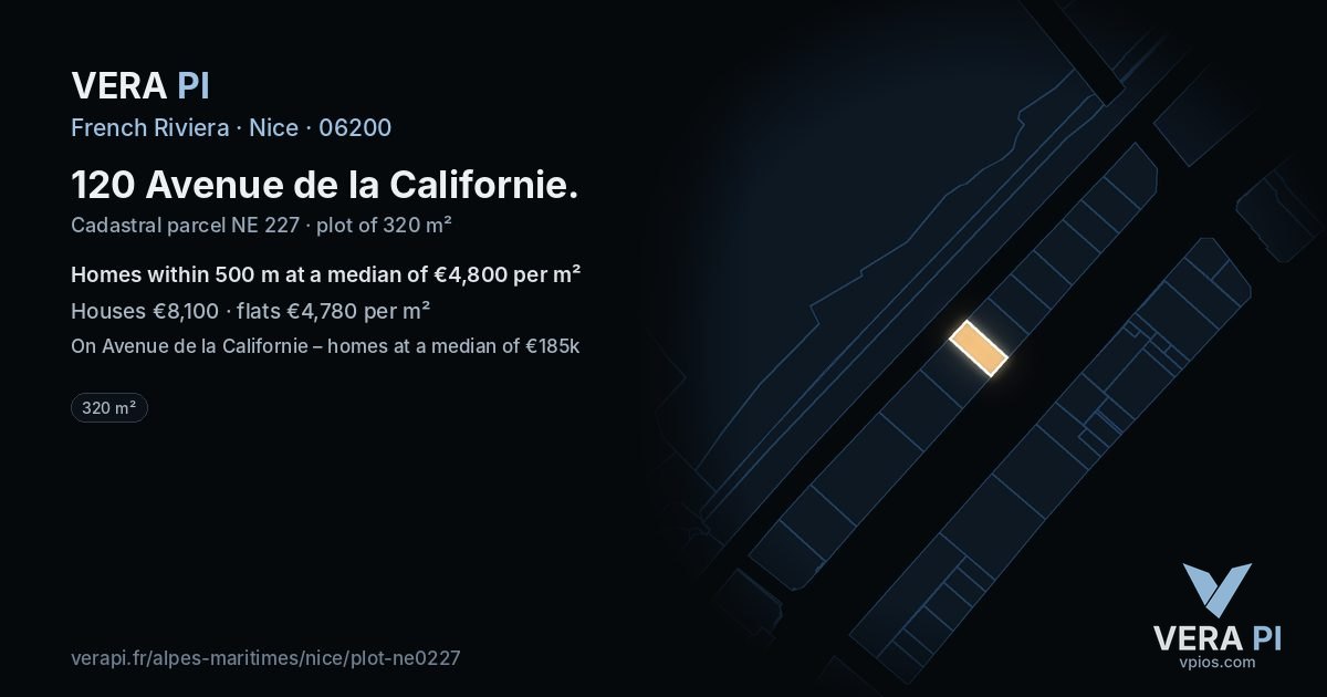 120 Avenue de la Californie, Nice at night – the plot lit, the parcels around coloured by the prices near them