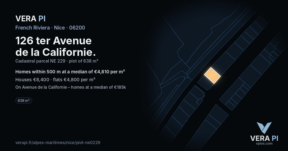 126 ter Avenue de la Californie, Nice at night – the plot lit, the parcels around coloured by the prices near them