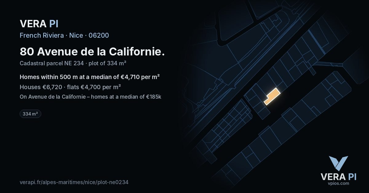 80 Avenue de la Californie, Nice at night – the plot lit, the parcels around coloured by the prices near them