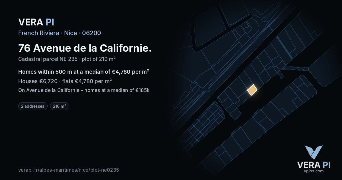76 Avenue de la Californie, Nice at night – the plot lit, the parcels around coloured by the prices near them