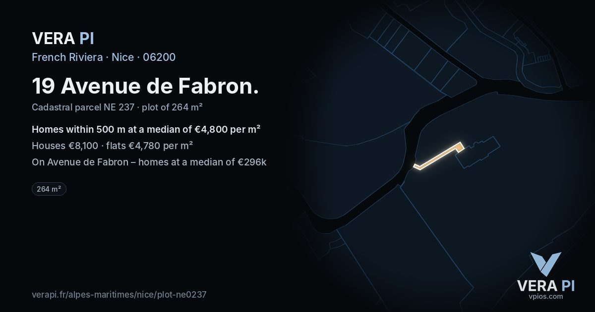 19 Avenue de Fabron, Nice at night – the plot lit, the parcels around coloured by the prices near them