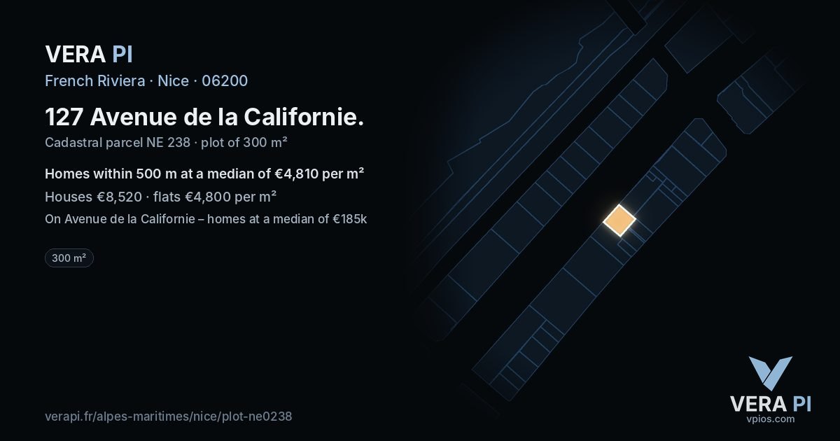 127 Avenue de la Californie, Nice at night – the plot lit, the parcels around coloured by the prices near them