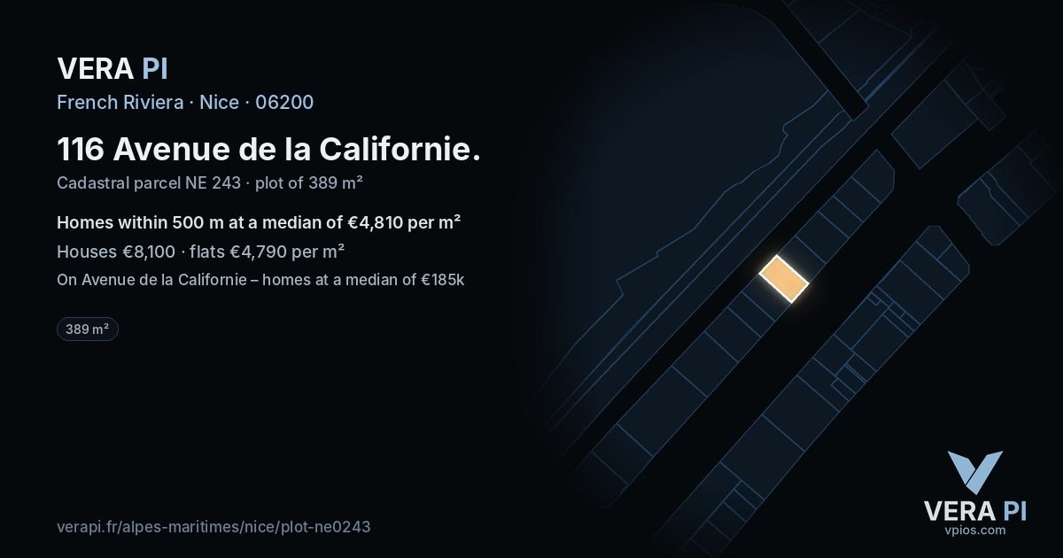 116 Avenue de la Californie, Nice at night – the plot lit, the parcels around coloured by the prices near them