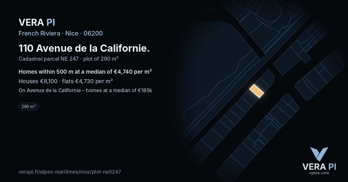 110 Avenue de la Californie, Nice at night – the plot lit, the parcels around coloured by the prices near them
