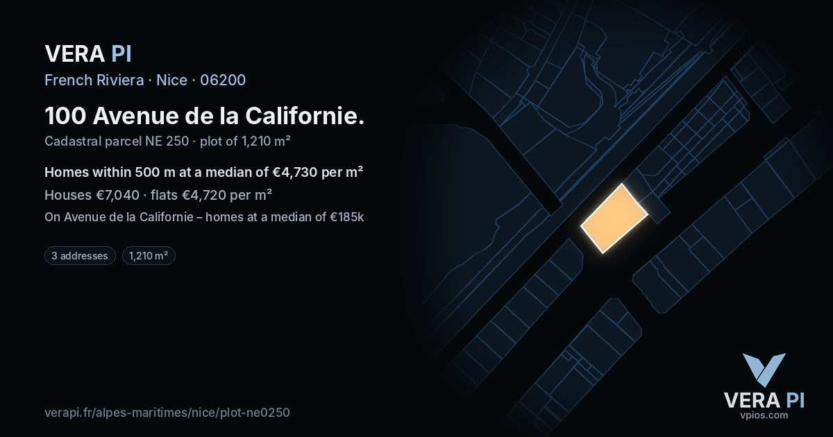 100 Avenue de la Californie, Nice at night – the plot lit, the parcels around coloured by the prices near them