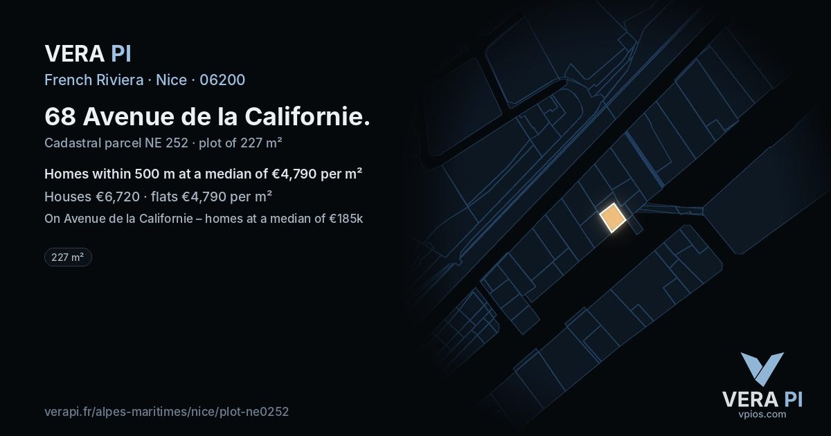 68 Avenue de la Californie, Nice at night – the plot lit, the parcels around coloured by the prices near them