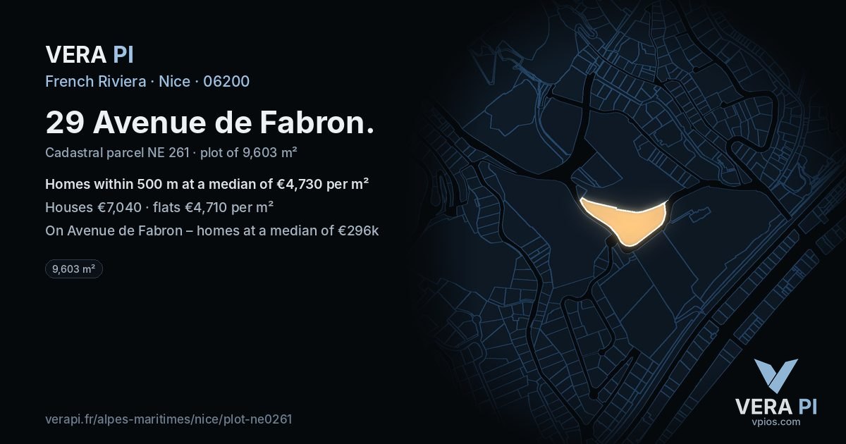 29 Avenue de Fabron, Nice at night – the plot lit, the parcels around coloured by the prices near them