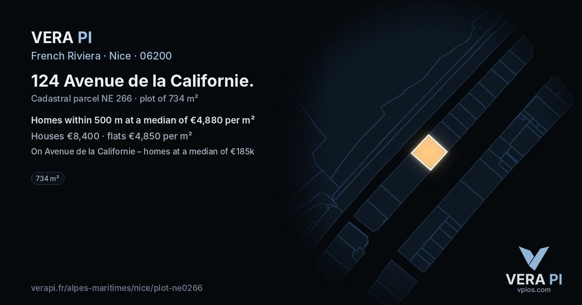 124 Avenue de la Californie, Nice at night – the plot lit, the parcels around coloured by the prices near them