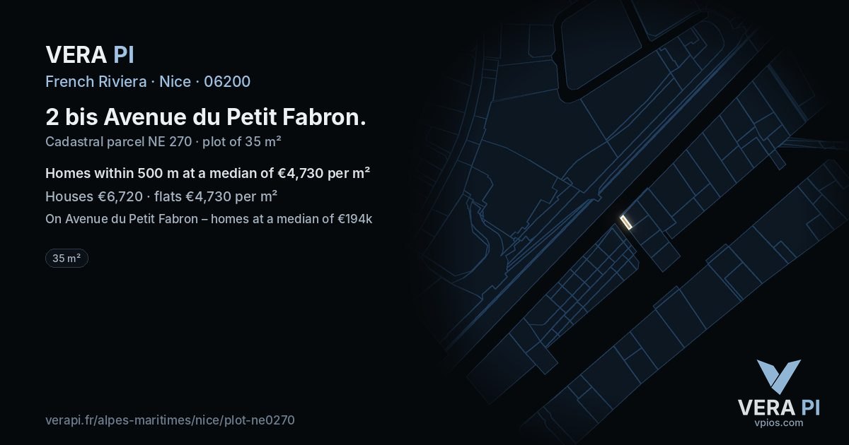 2 bis Avenue du Petit Fabron, Nice at night – the plot lit, the parcels around coloured by the prices near them