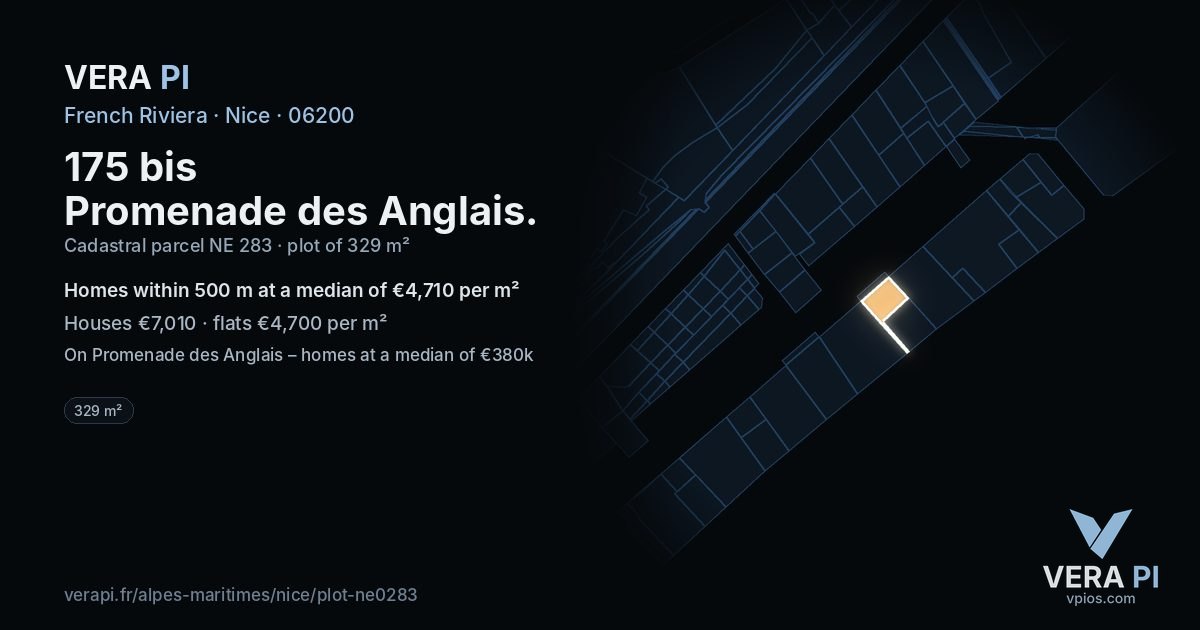 175 bis Promenade des Anglais, Nice at night – the plot lit, the parcels around coloured by the prices near them