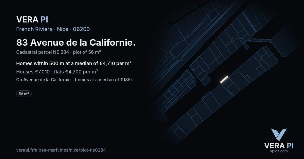 83 Avenue de la Californie, Nice at night – the plot lit, the parcels around coloured by the prices near them
