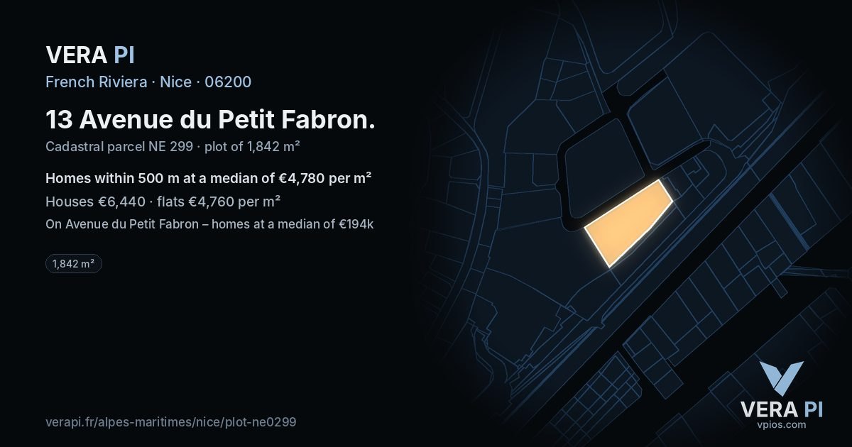13 Avenue du Petit Fabron, Nice at night – the plot lit, the parcels around coloured by the prices near them