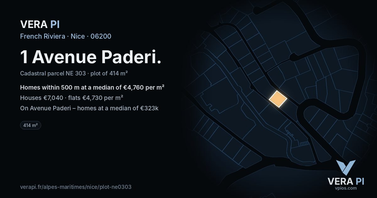 1 Avenue Paderi, Nice at night – the plot lit, the parcels around coloured by the prices near them