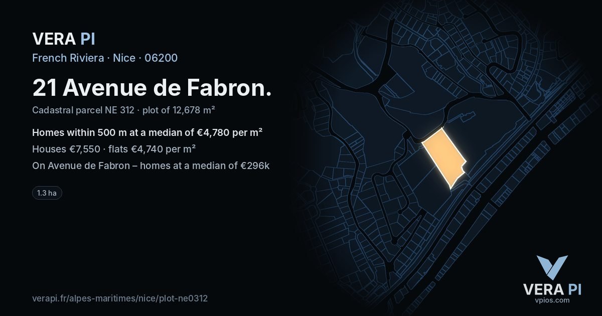 21 Avenue de Fabron, Nice at night – the plot lit, the parcels around coloured by the prices near them