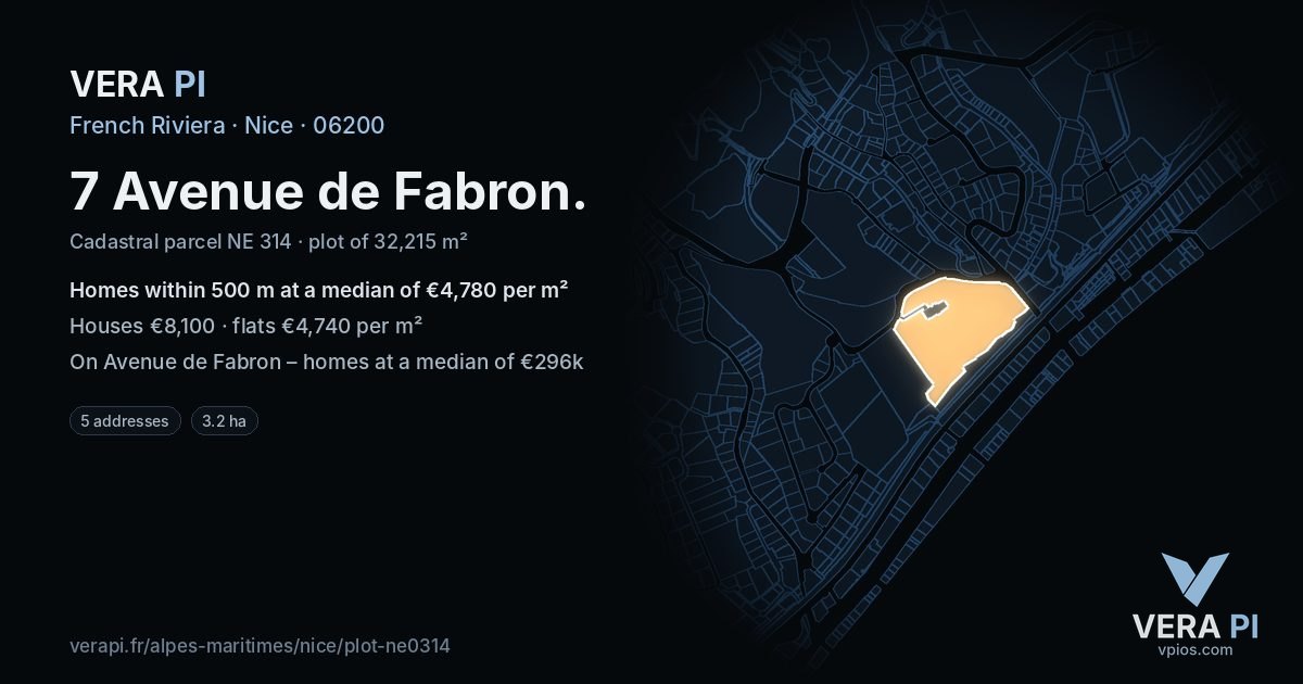7 Avenue de Fabron, Nice at night – the plot lit, the parcels around coloured by the prices near them