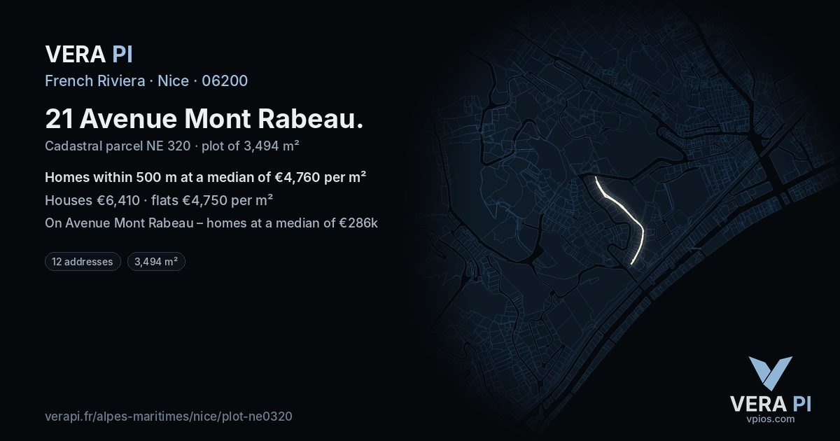 21 Avenue Mont Rabeau, Nice at night – the plot lit, the parcels around coloured by the prices near them