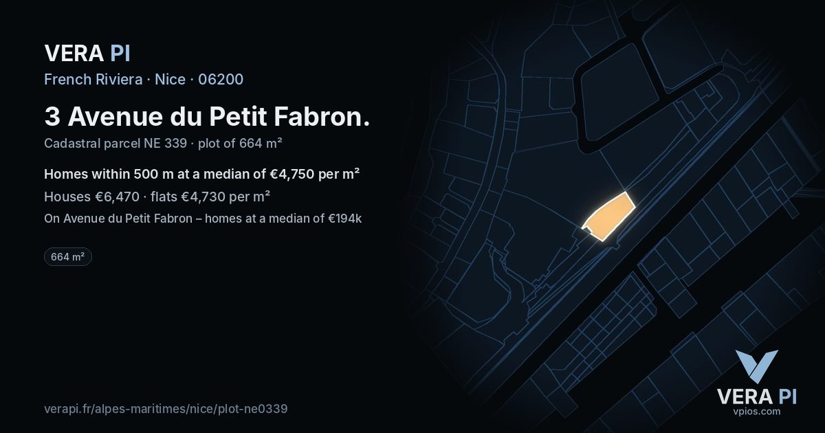3 Avenue du Petit Fabron, Nice at night – the plot lit, the parcels around coloured by the prices near them
