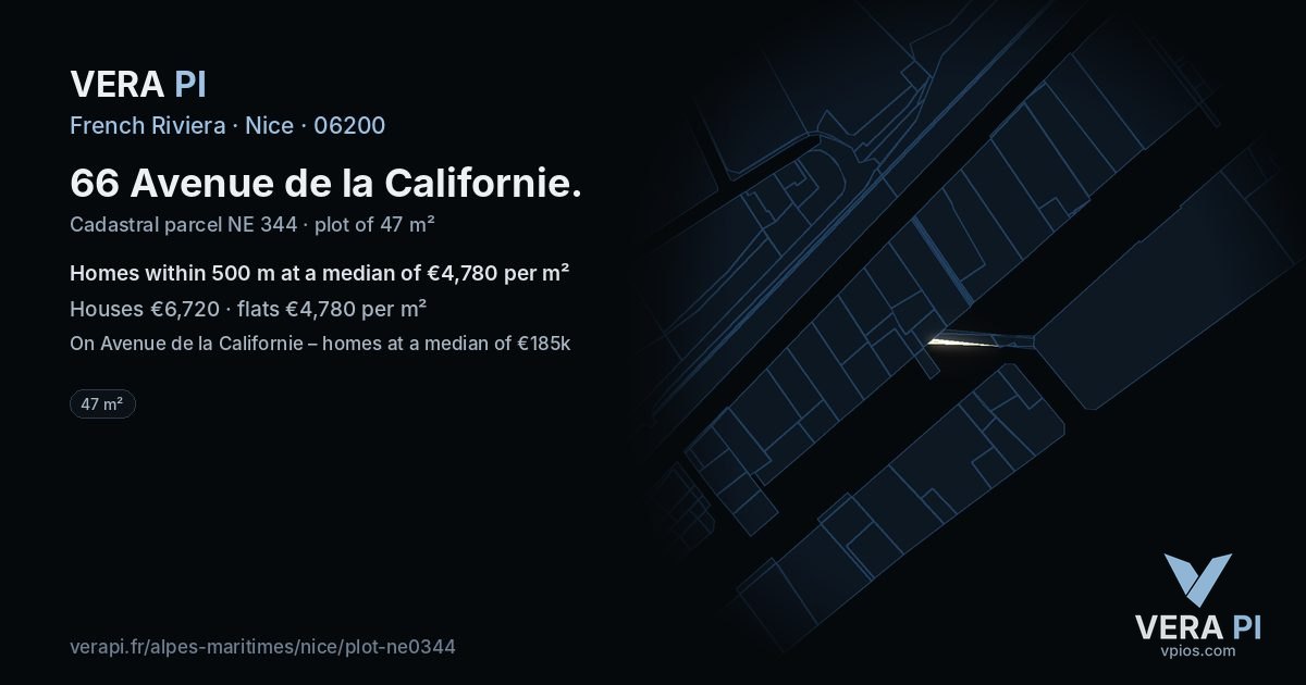 66 Avenue de la Californie, Nice at night – the plot lit, the parcels around coloured by the prices near them