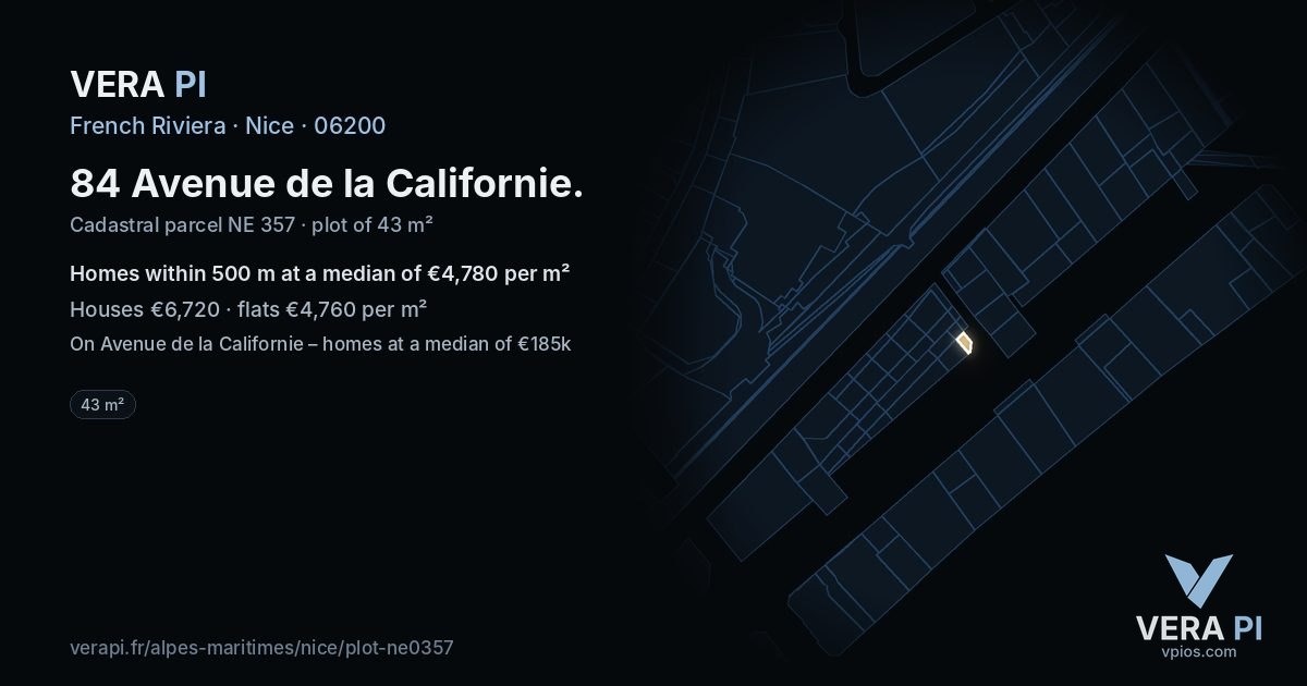 84 Avenue de la Californie, Nice at night – the plot lit, the parcels around coloured by the prices near them