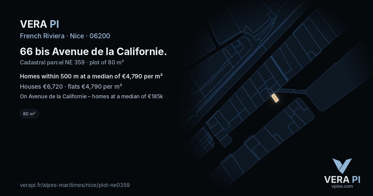 66 bis Avenue de la Californie, Nice at night – the plot lit, the parcels around coloured by the prices near them