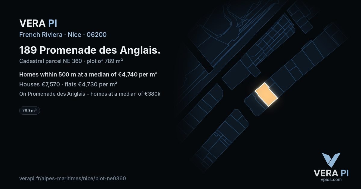 189 Promenade des Anglais, Nice at night – the plot lit, the parcels around coloured by the prices near them