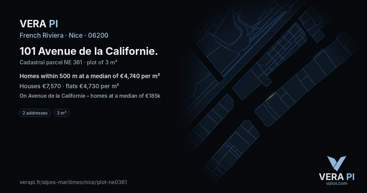101 Avenue de la Californie, Nice at night – the plot lit, the parcels around coloured by the prices near them