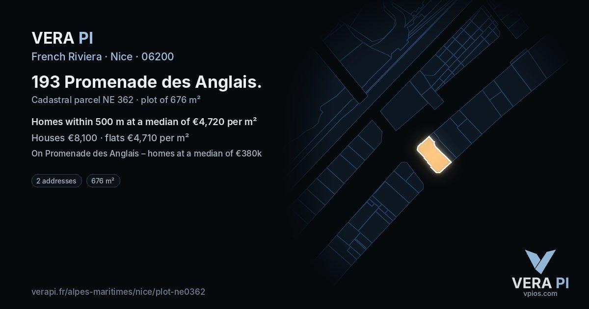 193 Promenade des Anglais, Nice at night – the plot lit, the parcels around coloured by the prices near them