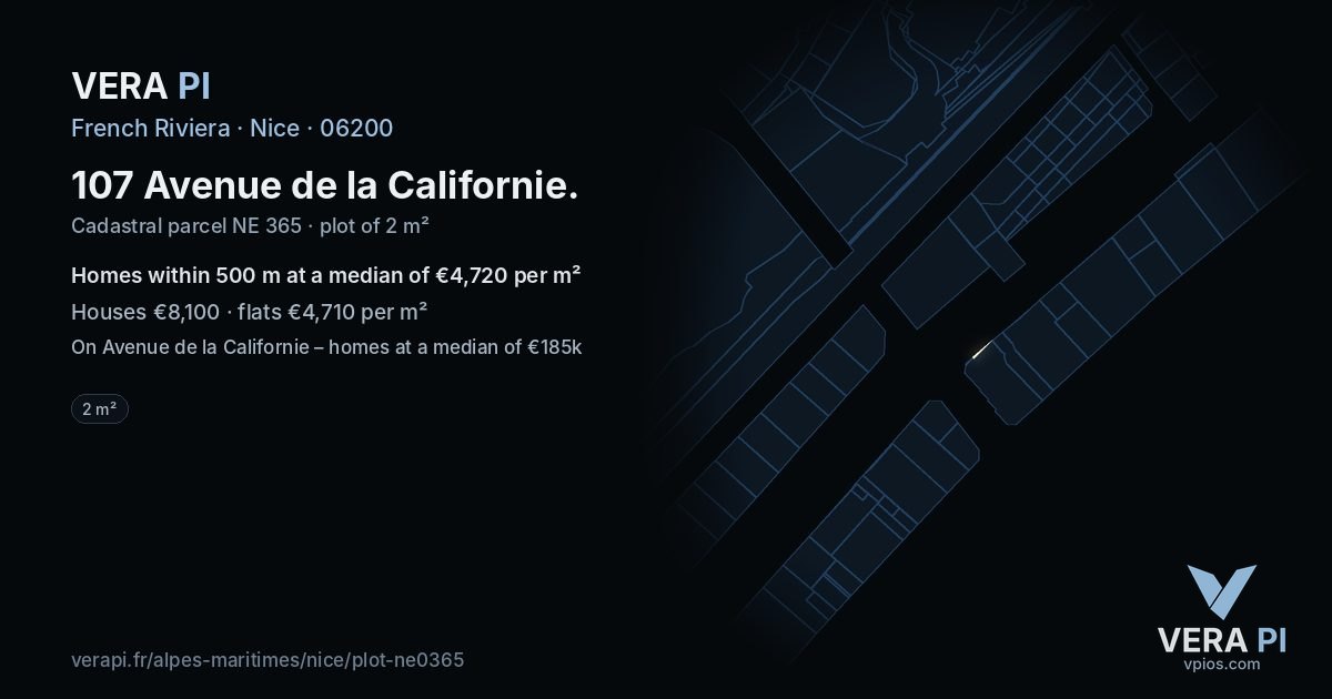 107 Avenue de la Californie, Nice at night – the plot lit, the parcels around coloured by the prices near them