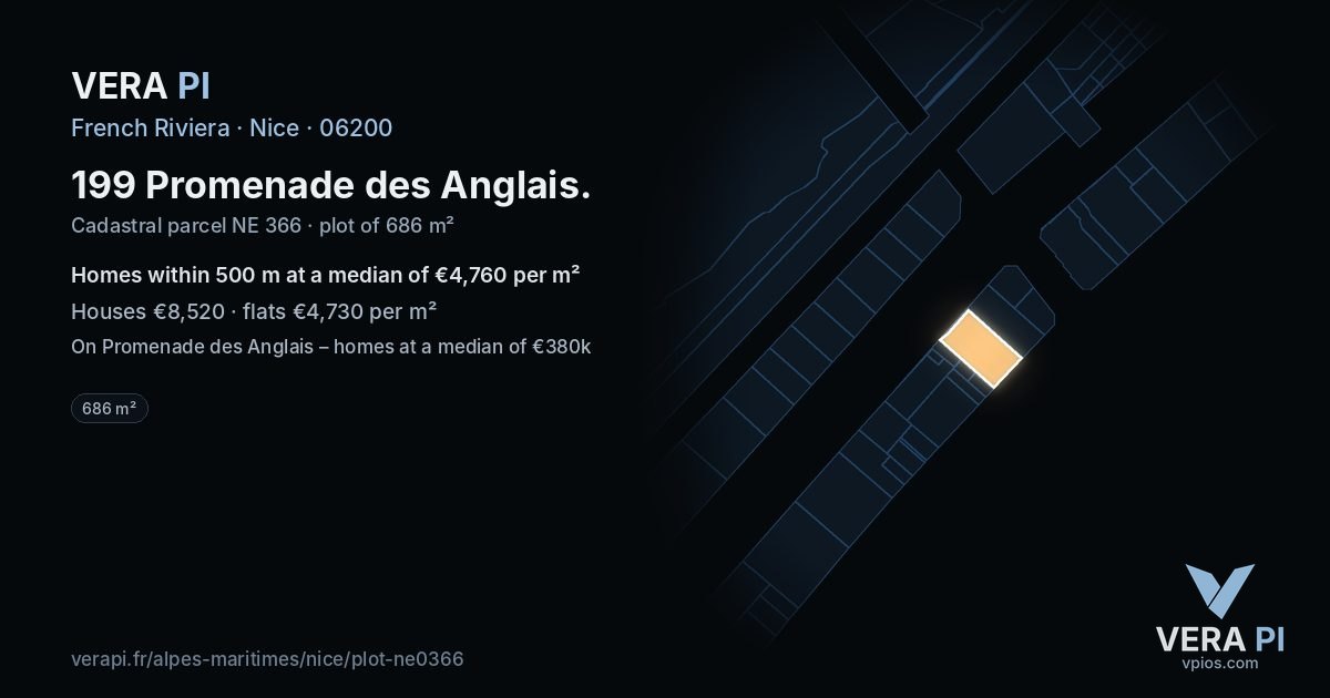 199 Promenade des Anglais, Nice at night – the plot lit, the parcels around coloured by the prices near them