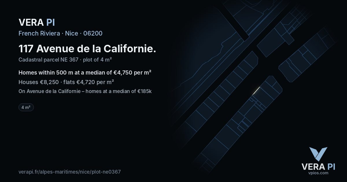 117 Avenue de la Californie, Nice at night – the plot lit, the parcels around coloured by the prices near them