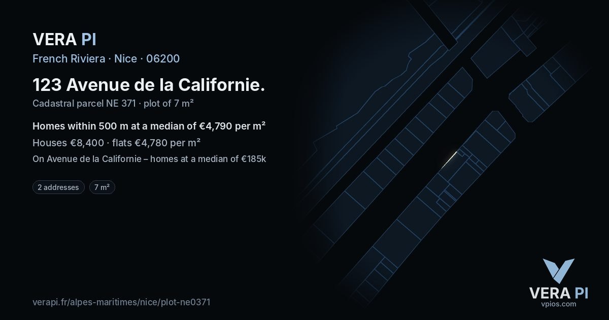 123 Avenue de la Californie, Nice at night – the plot lit, the parcels around coloured by the prices near them