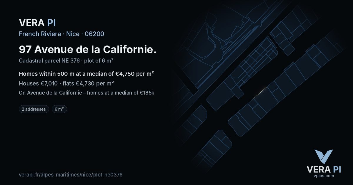 97 Avenue de la Californie, Nice at night – the plot lit, the parcels around coloured by the prices near them
