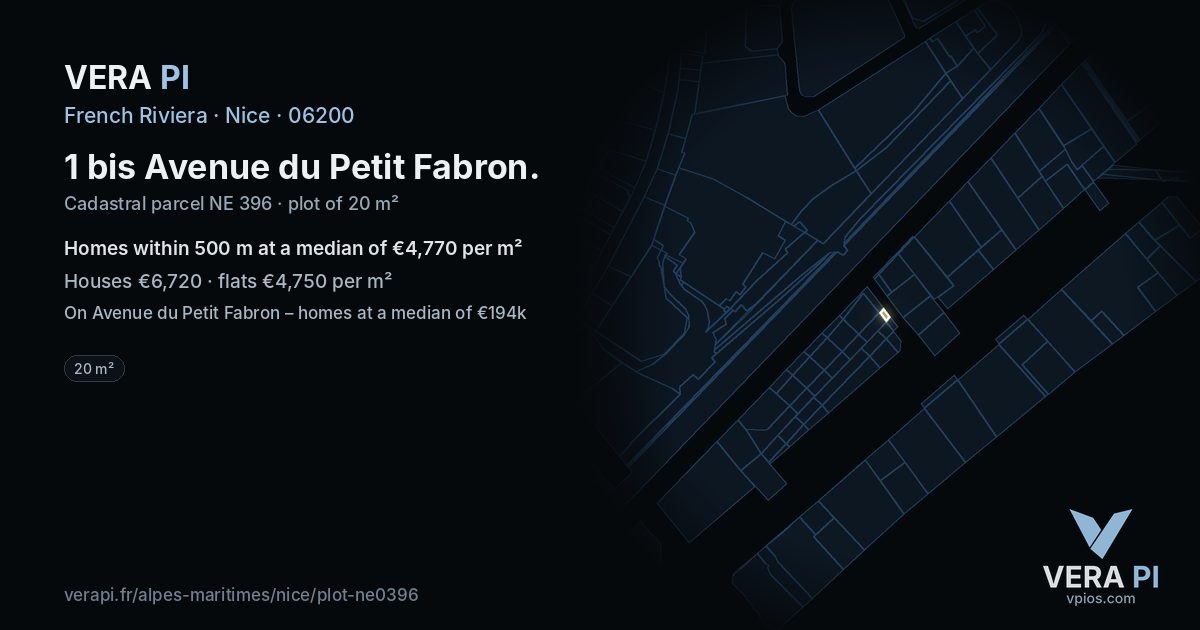 1 bis Avenue du Petit Fabron, Nice at night – the plot lit, the parcels around coloured by the prices near them