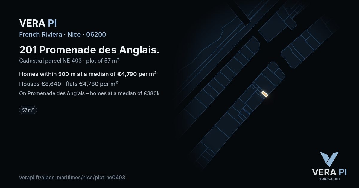 201 Promenade des Anglais, Nice at night – the plot lit, the parcels around coloured by the prices near them