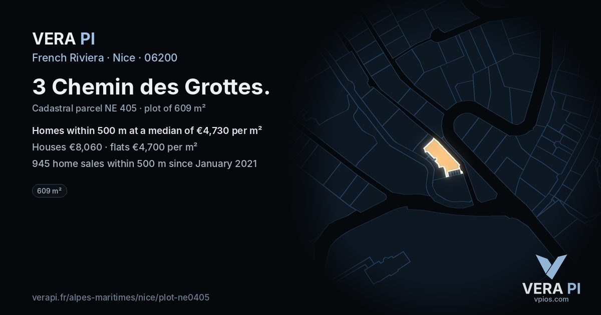 3 Chemin des Grottes, Nice at night – the plot lit, the parcels around coloured by the prices near them