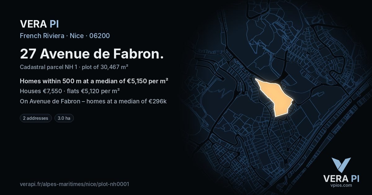 27 Avenue de Fabron, Nice at night – the plot lit, the parcels around coloured by the prices near them