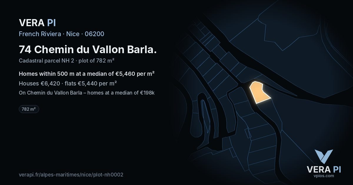74 Chemin du Vallon Barla, Nice at night – the plot lit, the parcels around coloured by the prices near them