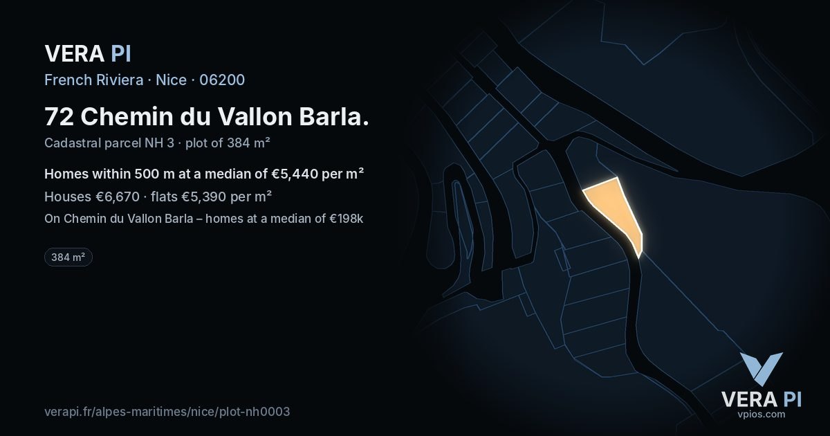 72 Chemin du Vallon Barla, Nice at night – the plot lit, the parcels around coloured by the prices near them