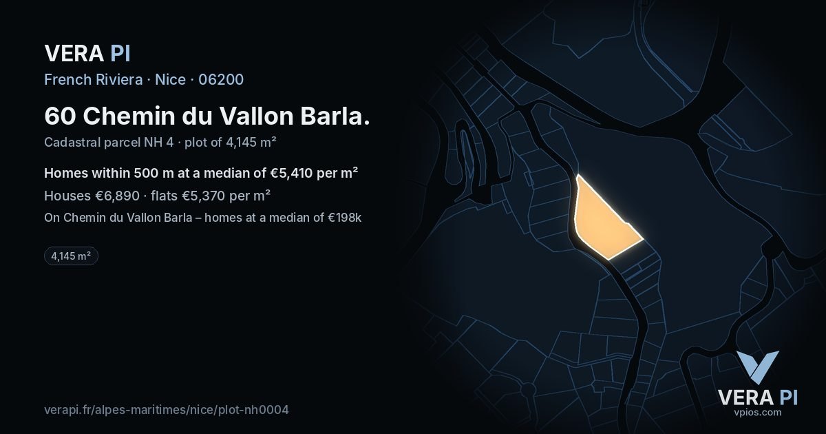 60 Chemin du Vallon Barla, Nice at night – the plot lit, the parcels around coloured by the prices near them