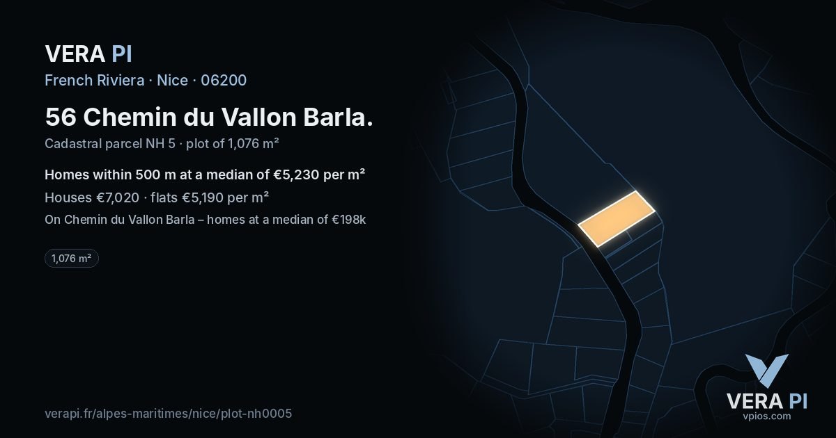 56 Chemin du Vallon Barla, Nice at night – the plot lit, the parcels around coloured by the prices near them