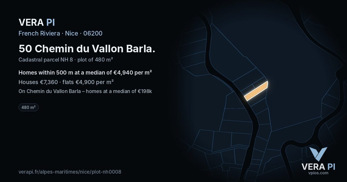 50 Chemin du Vallon Barla, Nice at night – the plot lit, the parcels around coloured by the prices near them