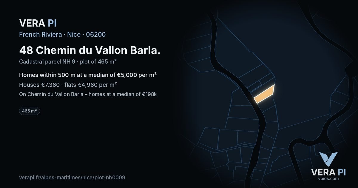 48 Chemin du Vallon Barla, Nice at night – the plot lit, the parcels around coloured by the prices near them