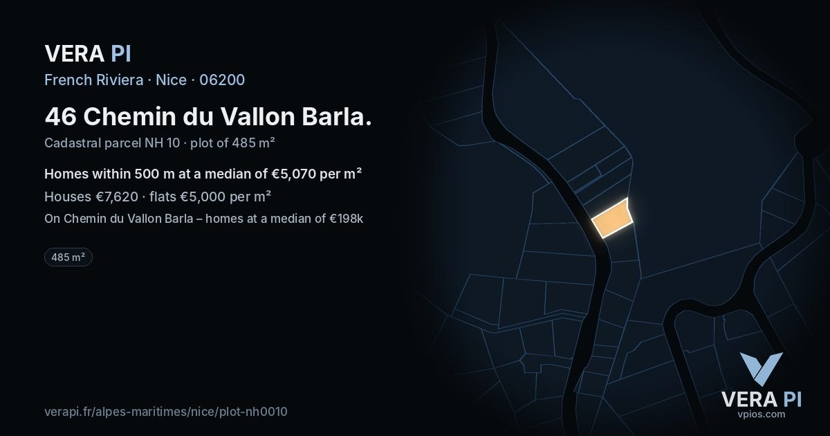 46 Chemin du Vallon Barla, Nice at night – the plot lit, the parcels around coloured by the prices near them