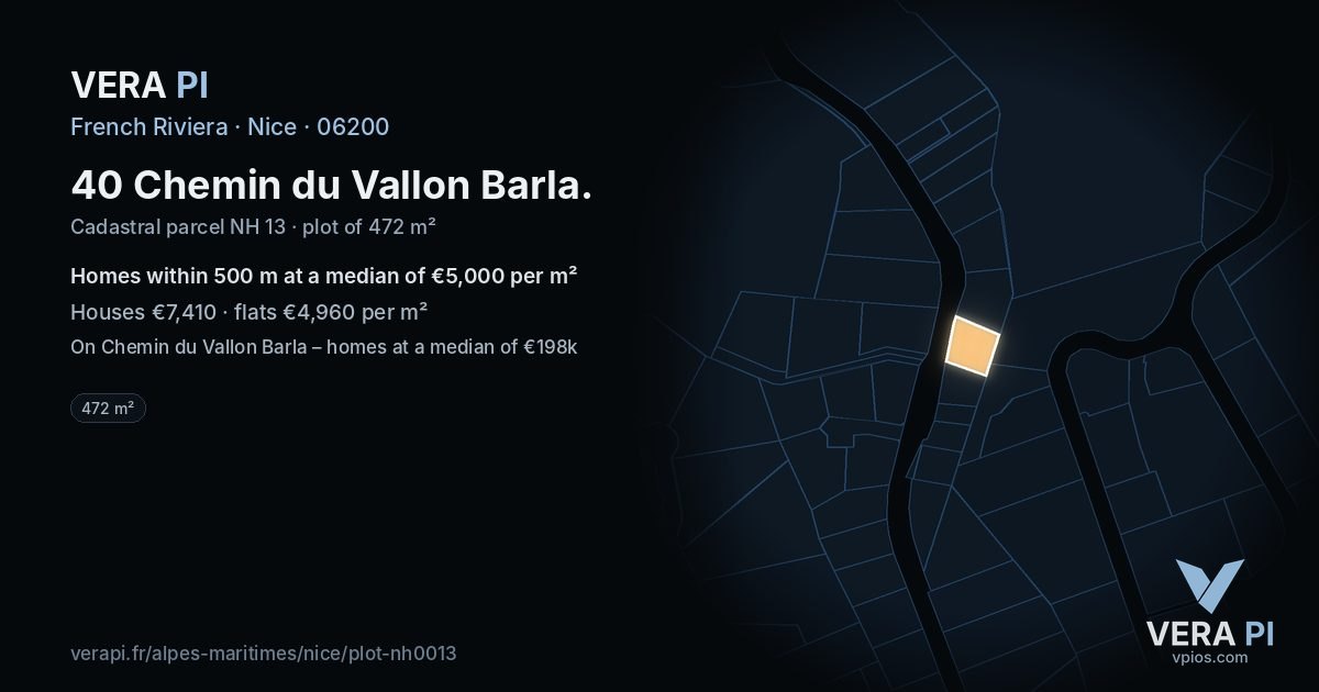 40 Chemin du Vallon Barla, Nice at night – the plot lit, the parcels around coloured by the prices near them