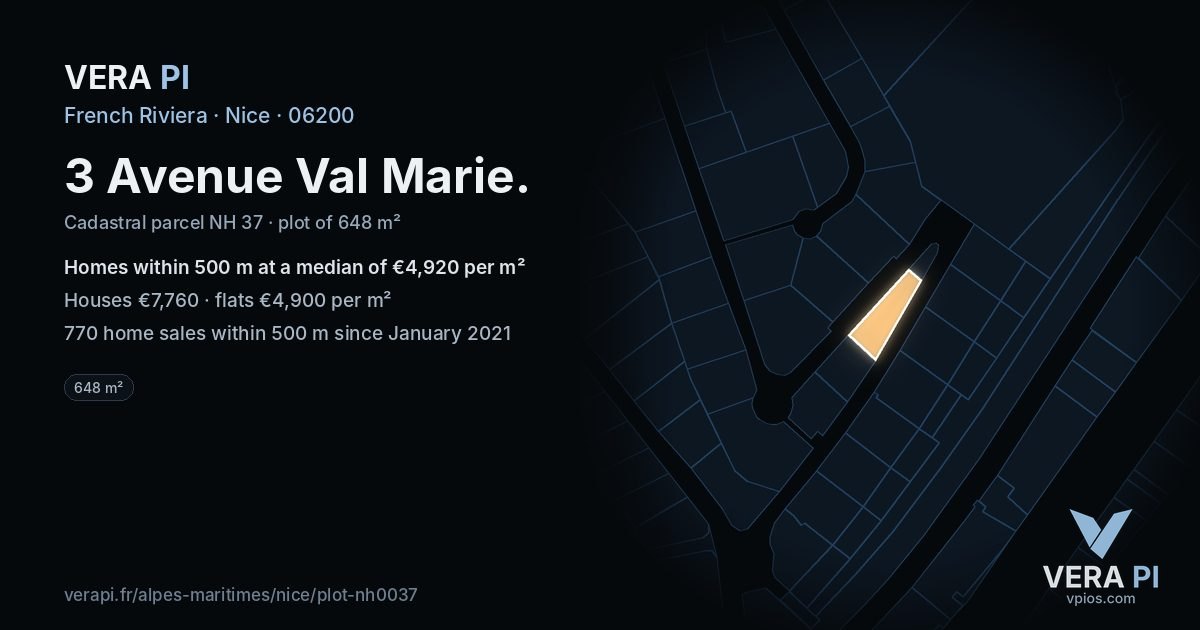3 Avenue Val Marie, Nice at night – the plot lit, the parcels around coloured by the prices near them