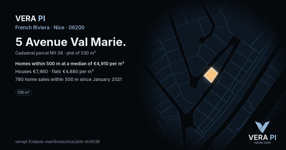 5 Avenue Val Marie, Nice at night – the plot lit, the parcels around coloured by the prices near them